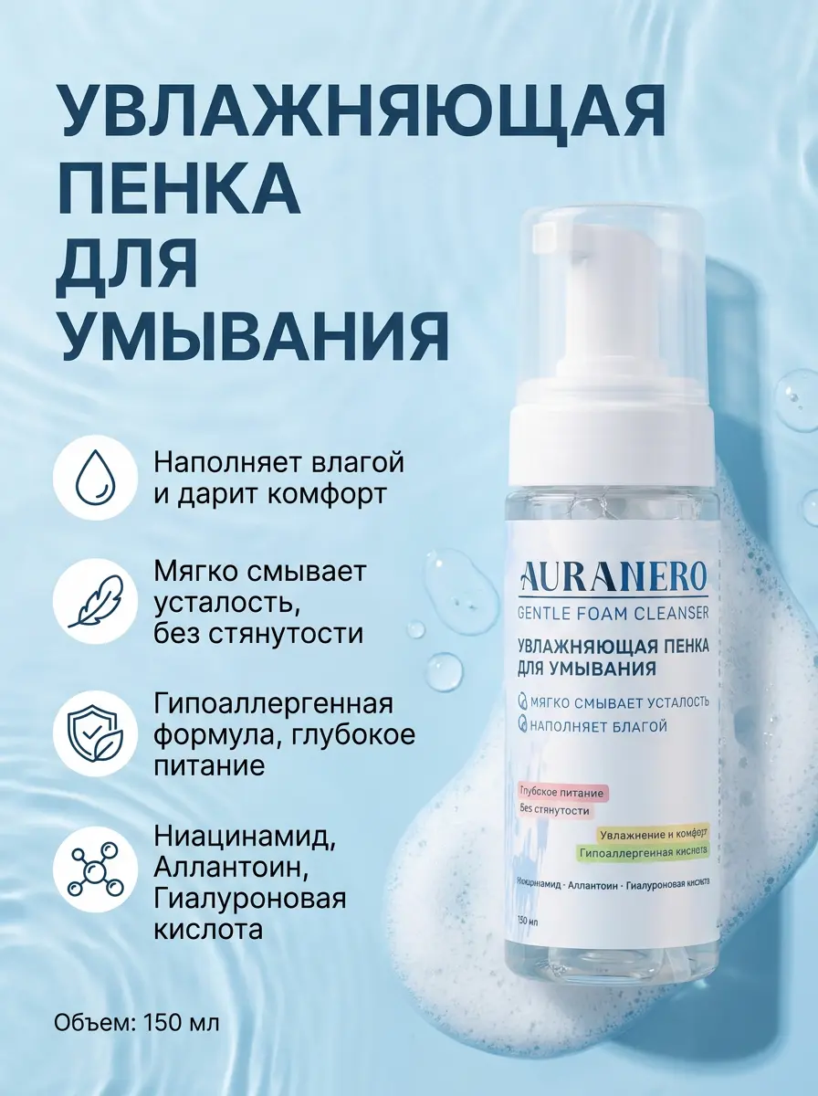 Нажмите, чтобы увеличить Нежная увлажняющая пенка для лица AURANERO, 150 мл